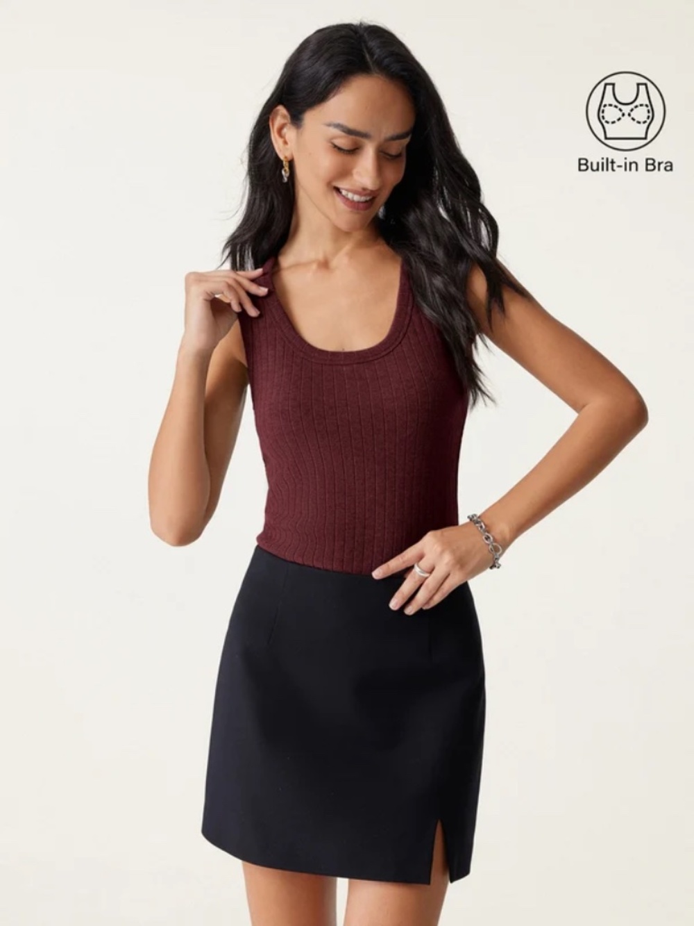 OGL Built in Bra Tank Wide Ribbed U-Neck Sleeveless Built-In Bra Top Red Crimson